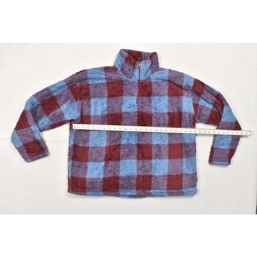 Eddie Bauer Women XXL Fleece Pullover Quarter Zip Plaid Check Blue Maroon Heavyw